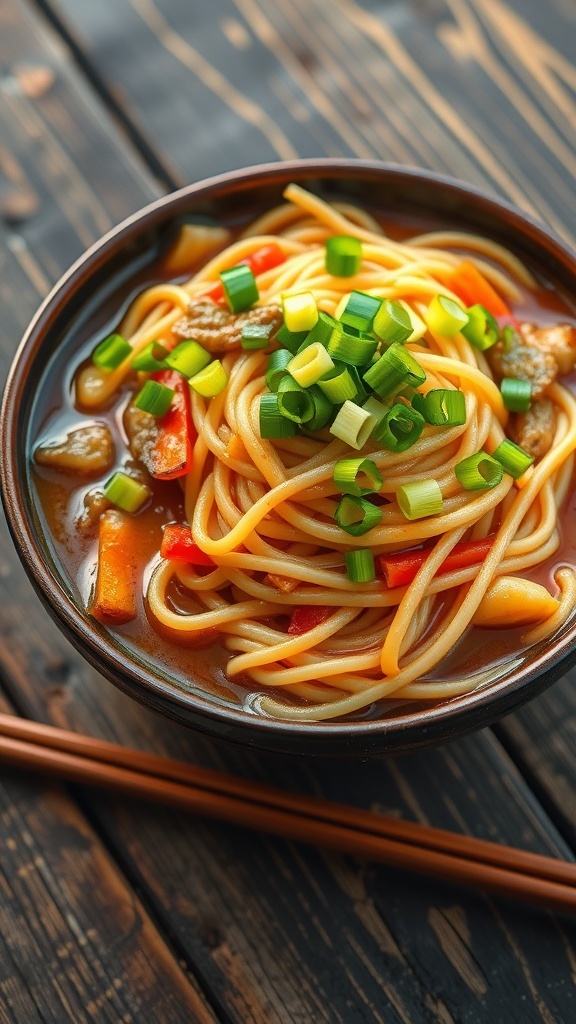 A bowl of quick noodles with sauce and vegetables, garnished with green onions, on a wooden table.